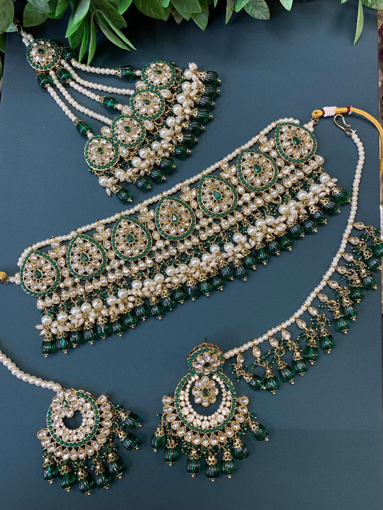 Razia choker necklace set with jhumar emerald green