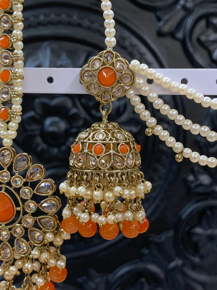 Shana triple layer bahubali sahare jhumki ear chain and matching tikka antique gold /orange/fanta orange