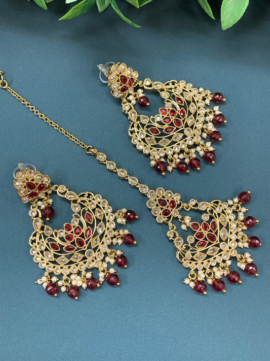 Raina reverse polki earring tikka set with pearl and maroon glass drop