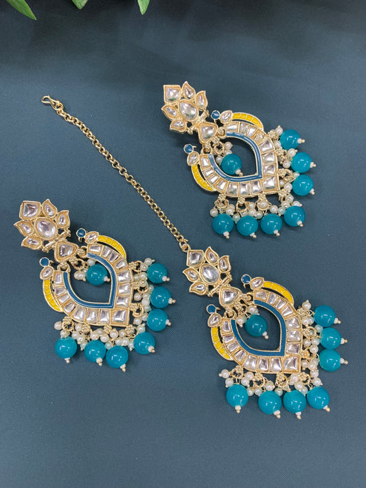 Amber kundan light weight earring tikka set phiroza blue yellow