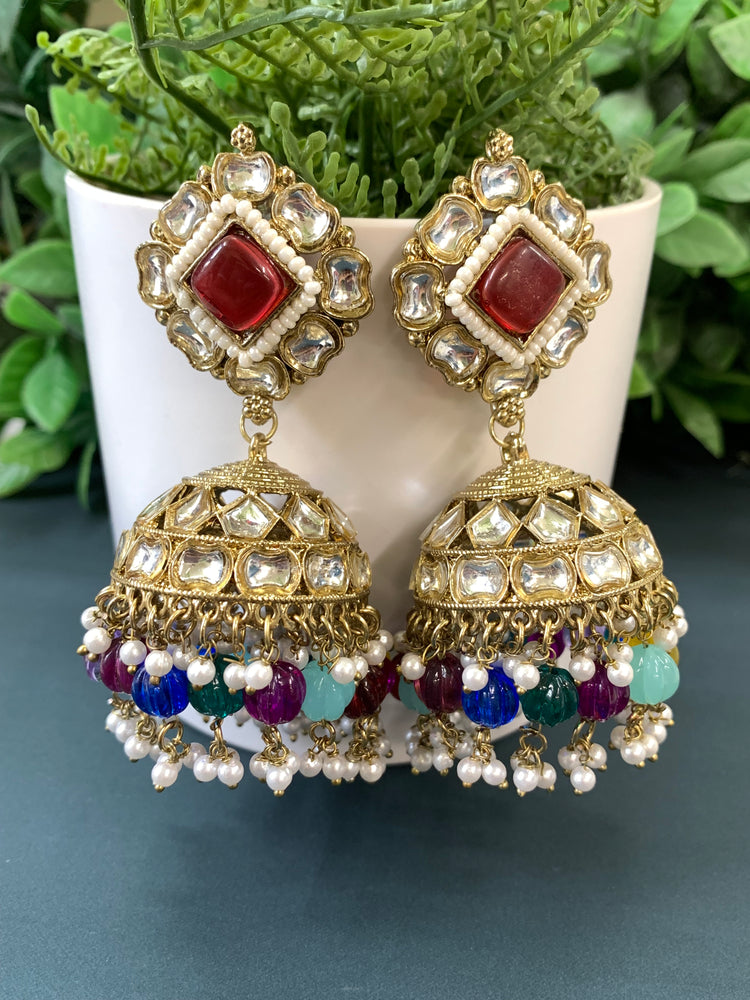 Gauri kundan jhumki/ jhumka earring red / multi