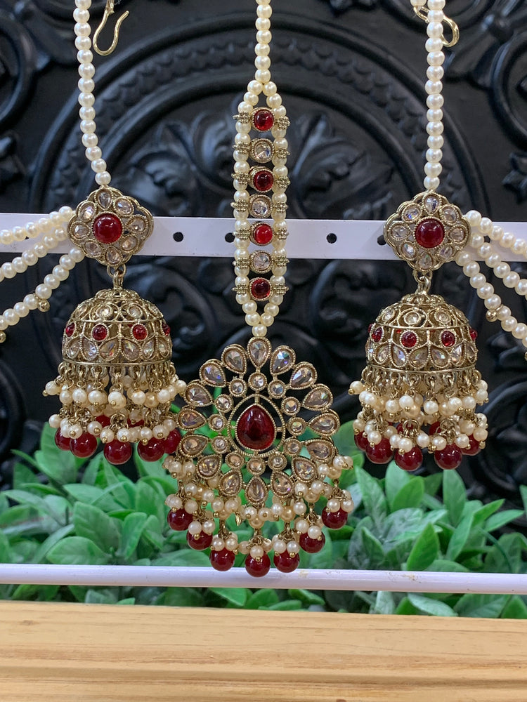 Shana triple layer bahubali sahare jhumki ear chain and matching tikka