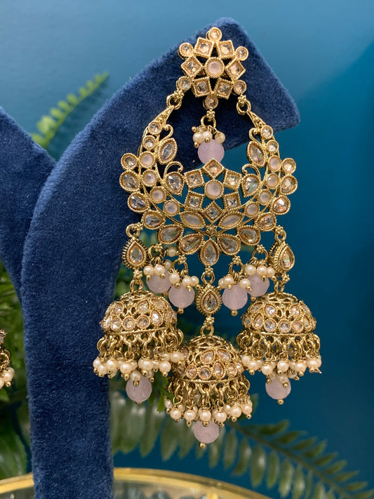 Naina polki triple jhumki earring in pastel pink