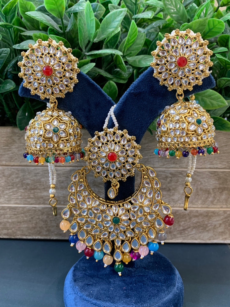 Zia traditional kundan jhumki with sahare and matching oversized tikka gold/multi