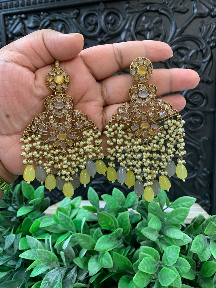 Cara statement polki earring tikka set pearl details and grey yellow multi