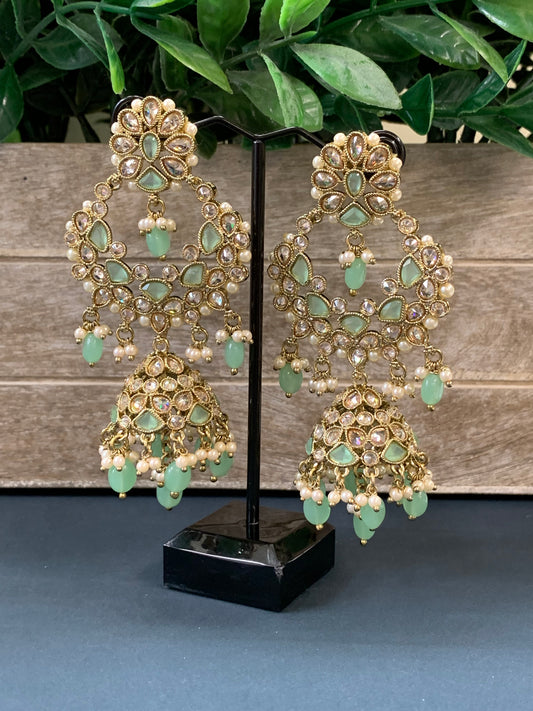 Hadia polki jhumki earring antique polk/ gold / mint green