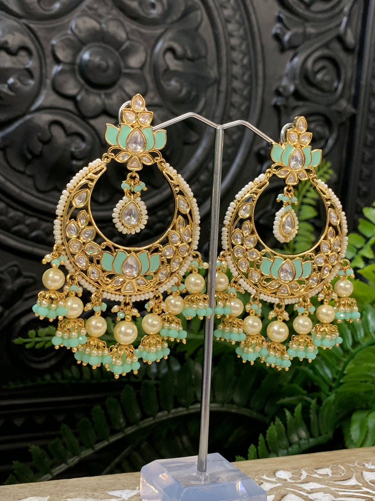 Luna Tyaani kundan Chandbali earring lotus tea green