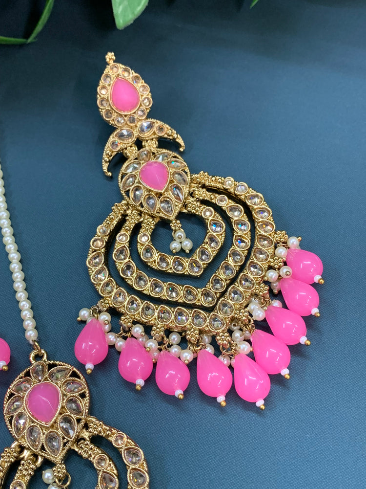 Tara polki Chandbali earring with matching tikka pink