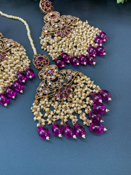 Cara statement polki earring tikka set pearl details and purple