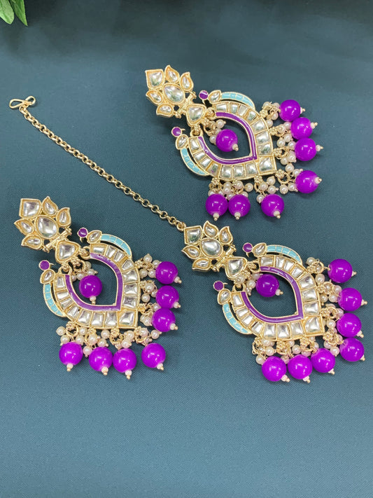 Amber kundan light weight earring tikka set purple