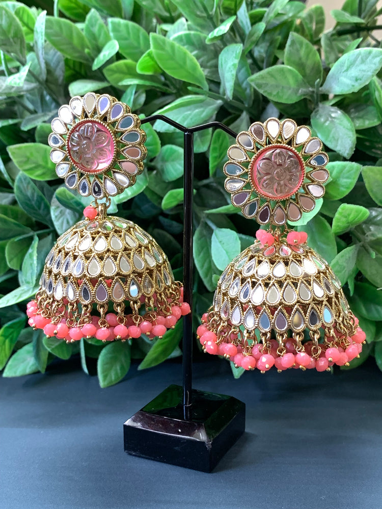 Romi mirror kundan jhumki/ jhumka earring onion pink