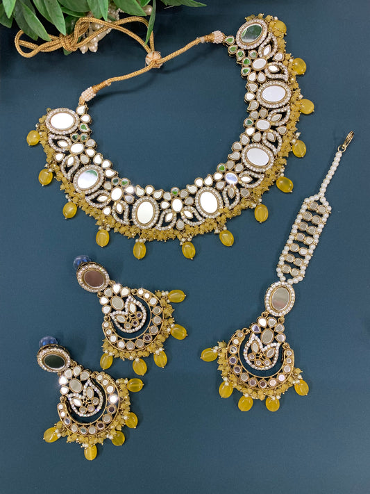 Joya quality mirror necklace set with matching earring tikka