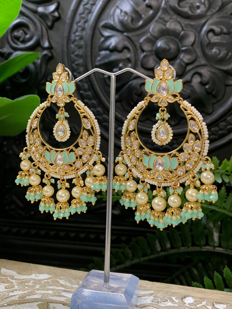 Luna Tyaani kundan Chandbali earring lotus tea green