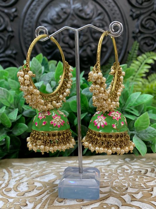 Blossom hoop Bali jhumki with pearl green