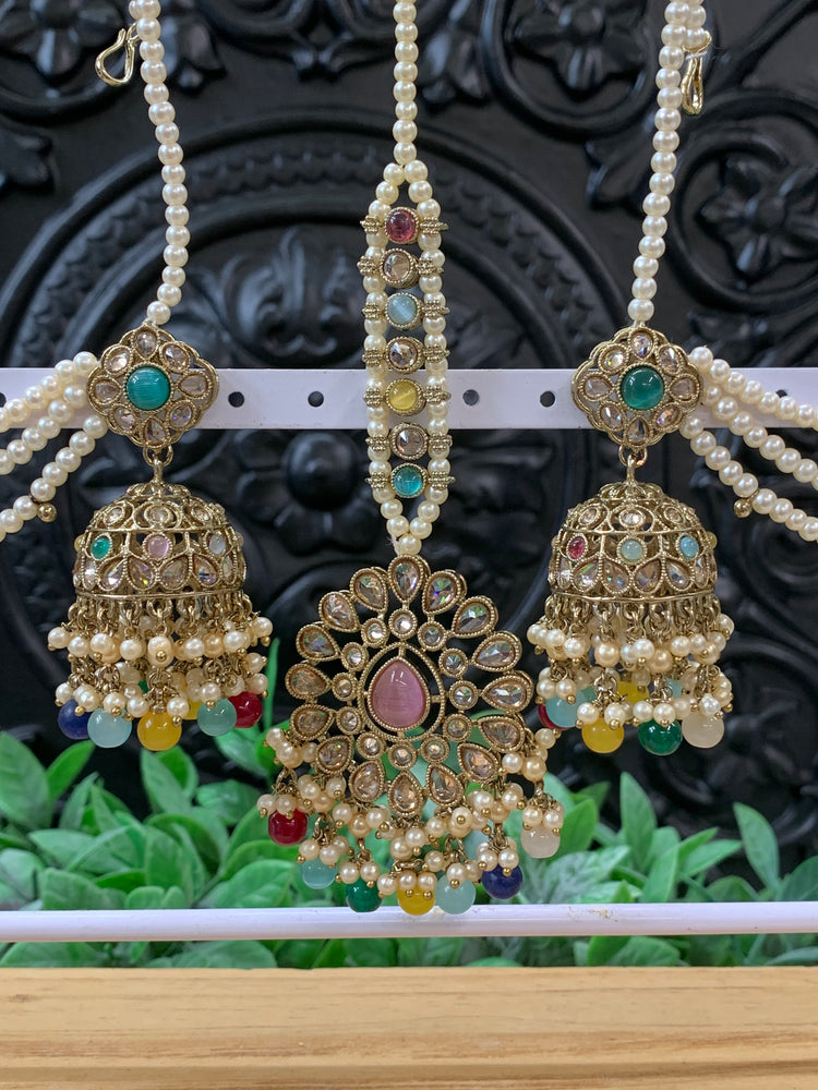 Shana triple layer bahubali sahare jhumki ear chain and matching tikka antique gold / multi