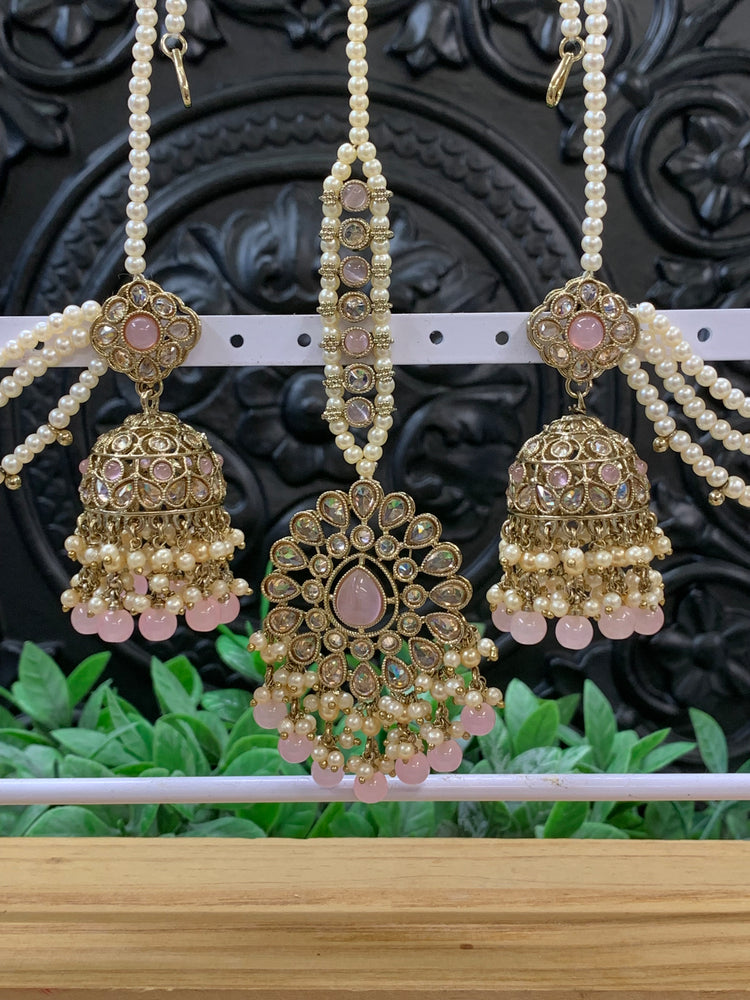 Shana triple layer bahubali sahare jhumki ear chain and matching tikka antique gold /pink