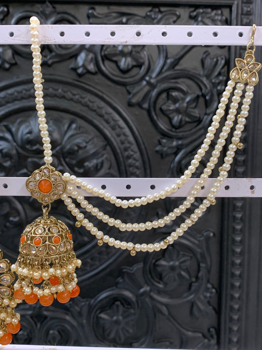 Shana triple layer bahubali sahare jhumki ear chain and matching tikka antique gold /orange/fanta orange