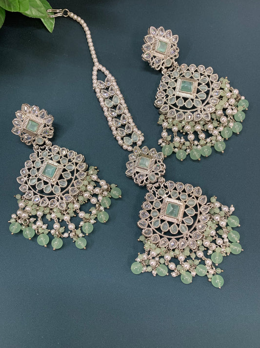 Sunita tikka set polki earring tikka set silver / pistachio