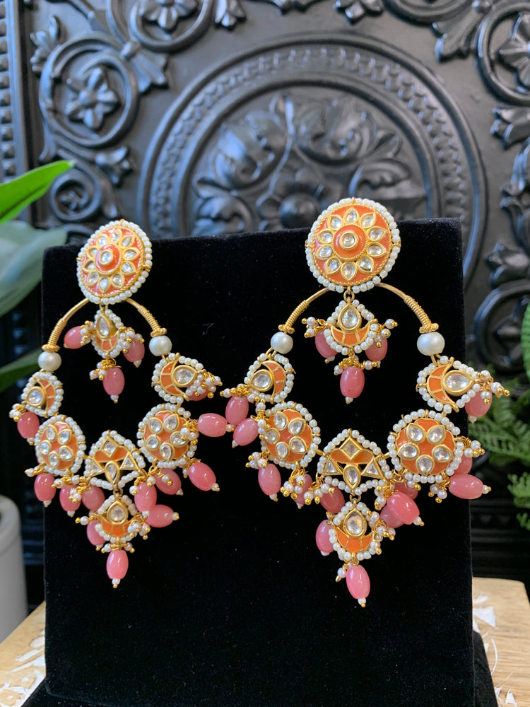 Sharaya Kundan statement earring coral orange