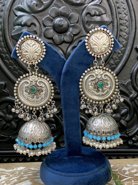 Soni black metal oxi jhumki earring teal