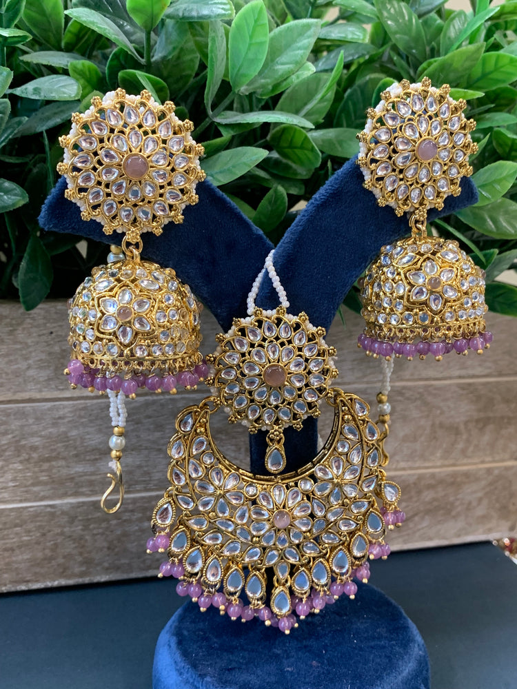 Zia traditional kundan jhumki with sahare and matching oversized tikka gold/lavender Lilac