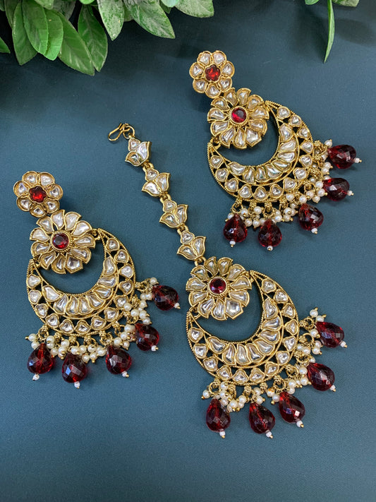 Manjot t kundan earring tikka set maroon red/ burgundy