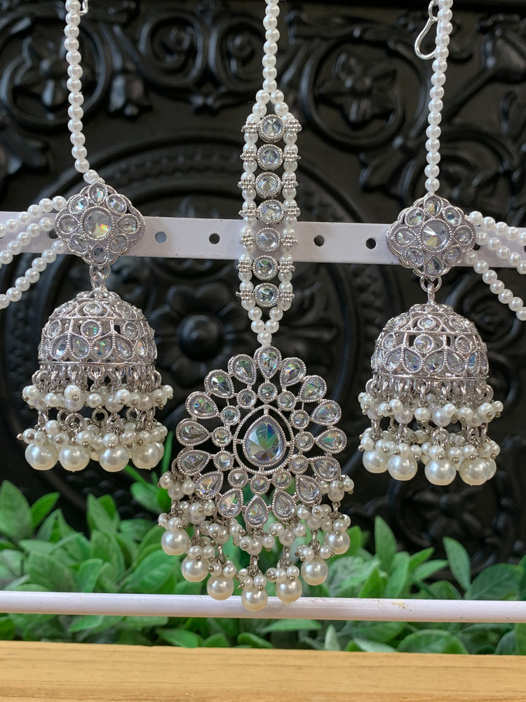 Shana triple layer bahubali sahare jhumki ear chain and matching tikka silver / white pearl