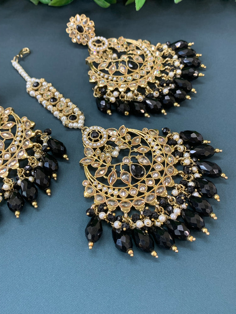 Bulbul polki statement earring tikka set antique gold/ crystal black