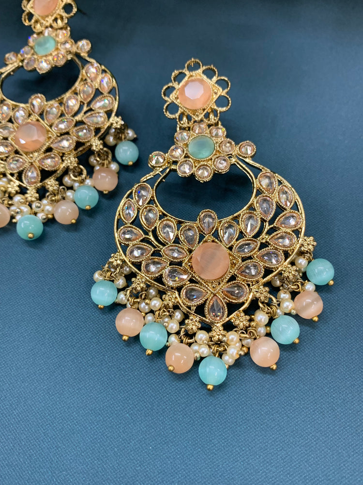 Thea polki chandbali earring antique base blue peach multi