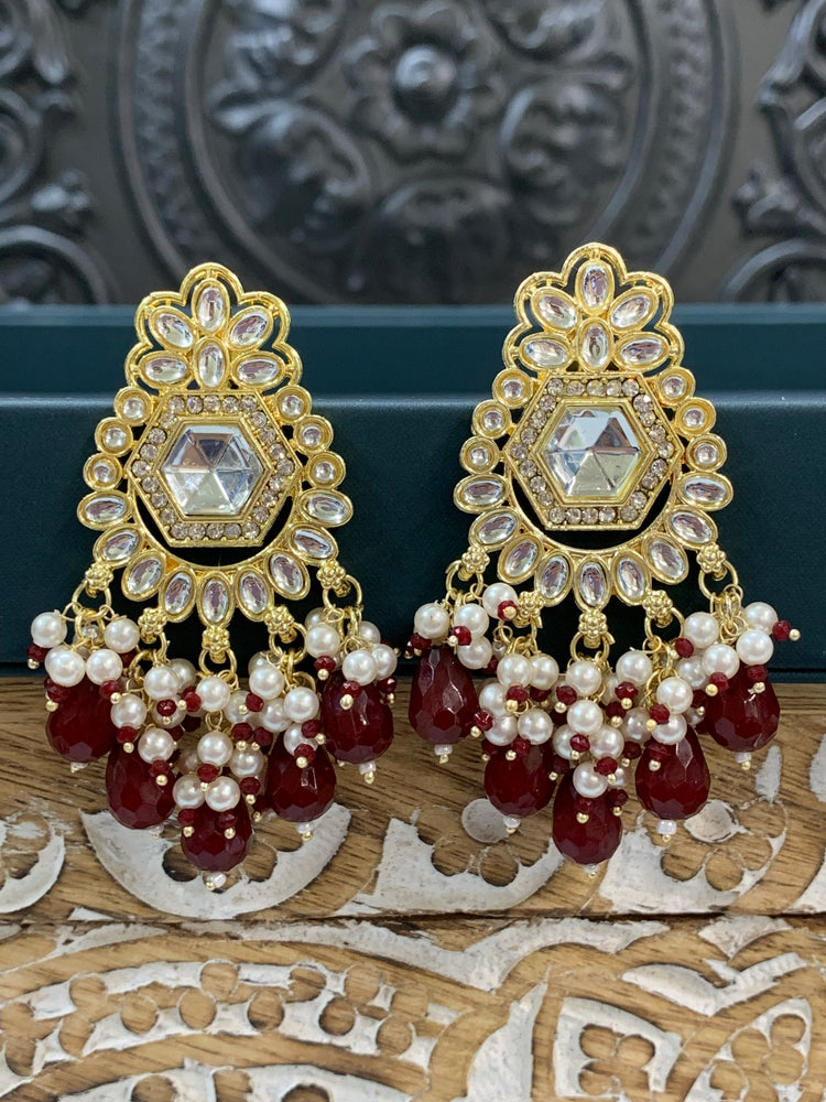 Jill gold kundan stud earring with crystal drops Maroon red burgundy