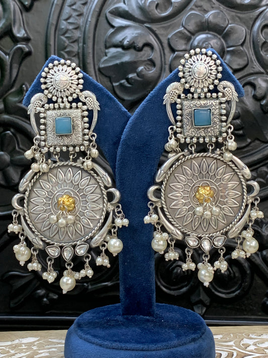 Mahi black metal oxi chandbali earring light blue