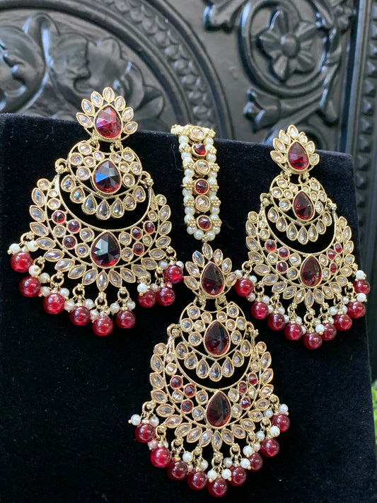 Marley reverse polki Chandbali earring tikka red maroon burgundy