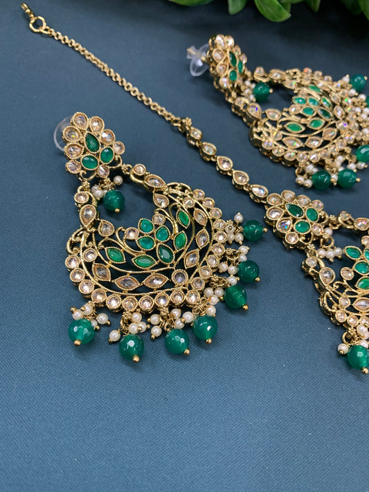 Raina reverse polki earring tikka set with pearl and emerald green glass drop