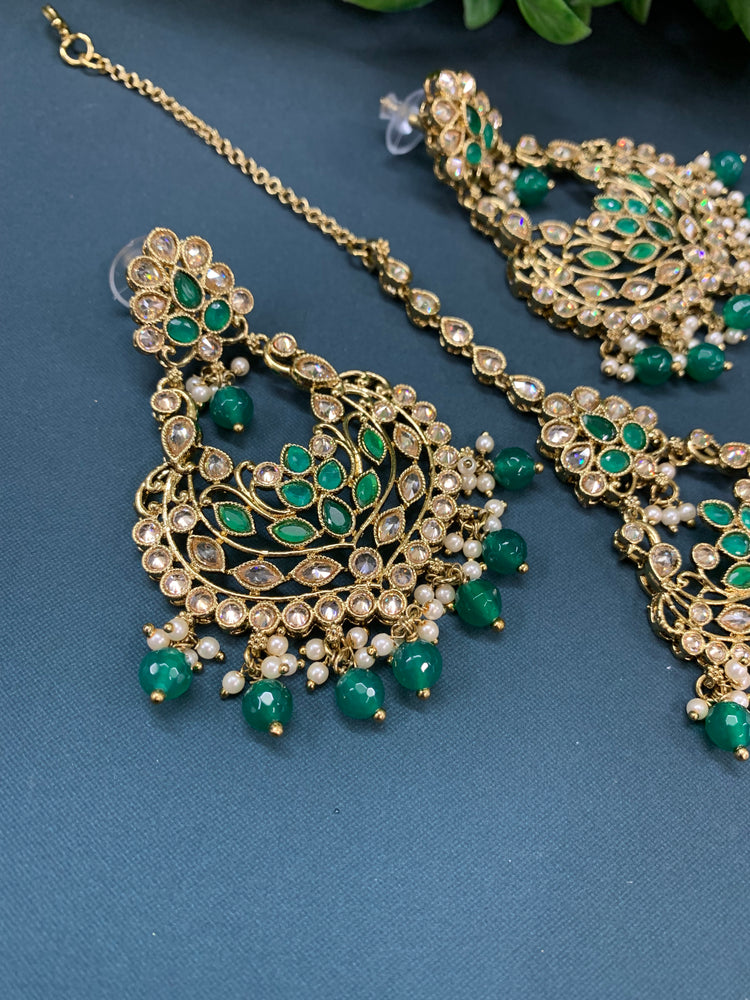 Raina reverse polki earring tikka set with pearl and emerald green glass drop