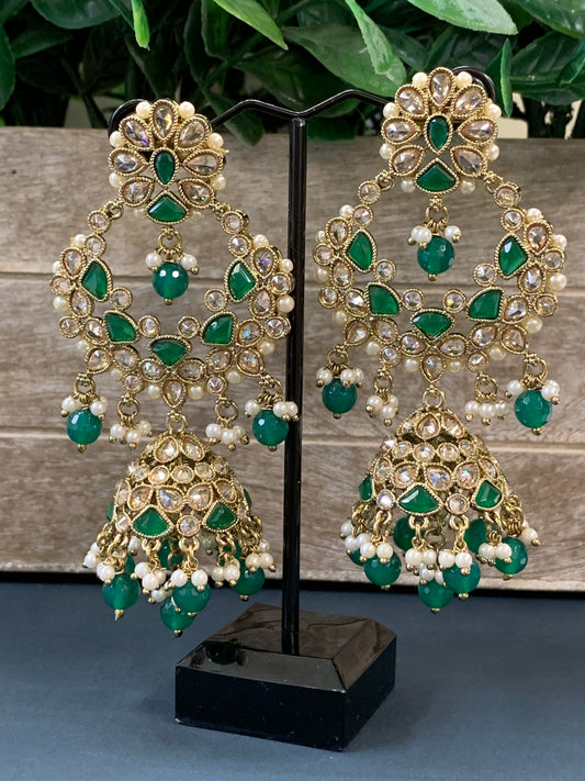 Hadia polki jhumki earring antique polk/ gold / emerald green