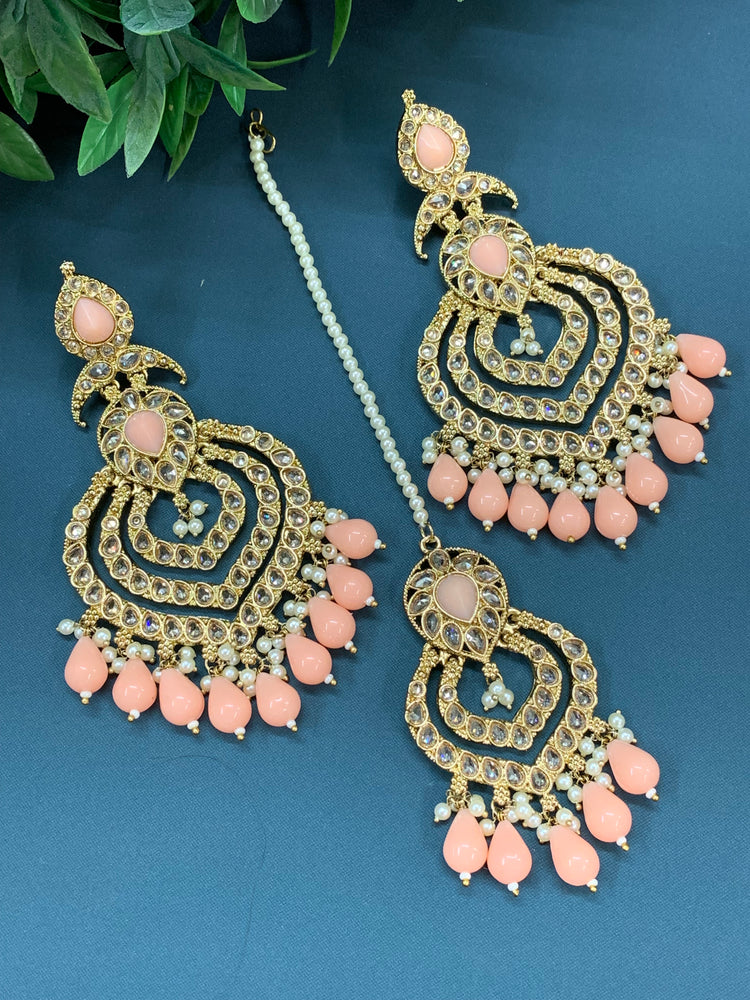 Tara polki Chandbali earring with matching tikka Thai tea coral