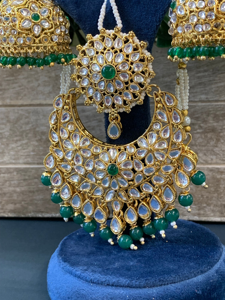 Zia traditional kundan jhumki with sahare and matching oversized tikka gold/emerald green