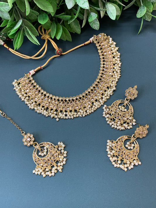 Rashmeet polki necklace with matching earring tikka gold pearl antique