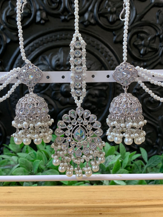 Shana triple layer bahubali sahare jhumki ear chain and matching tikka silver / white pearl