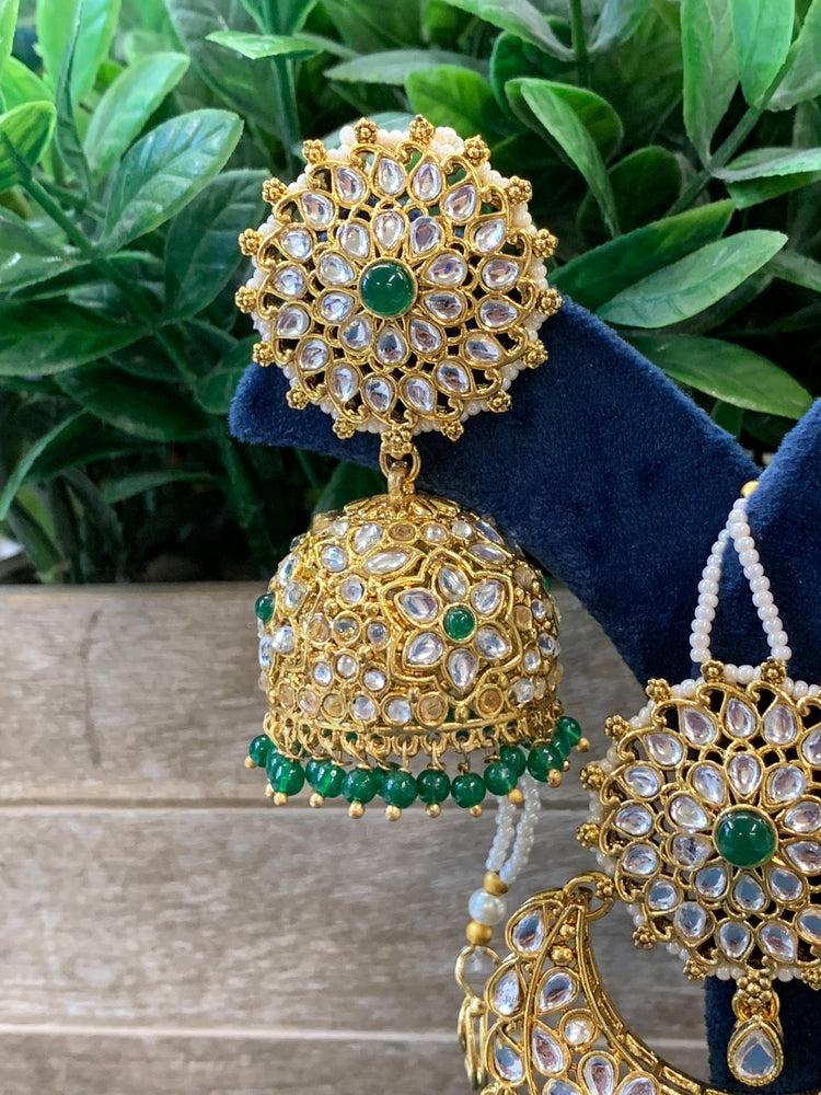 Zia traditional kundan jhumki with sahare and matching oversized tikka gold/emerald green