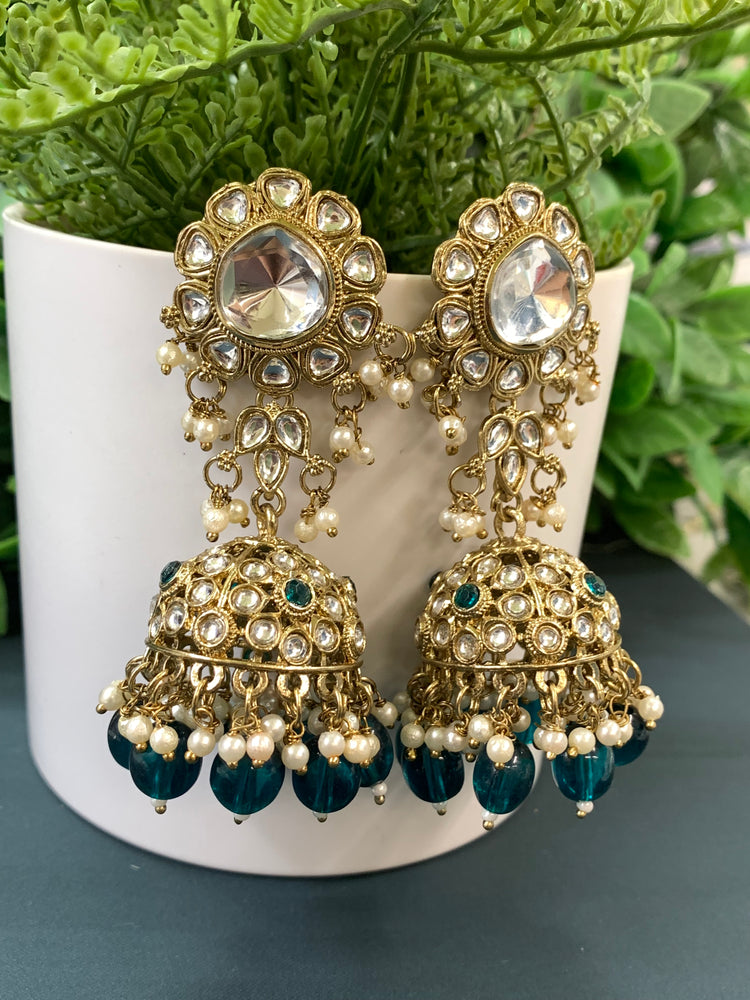 Mohini kundan jhumki/ jhumka earring teal green