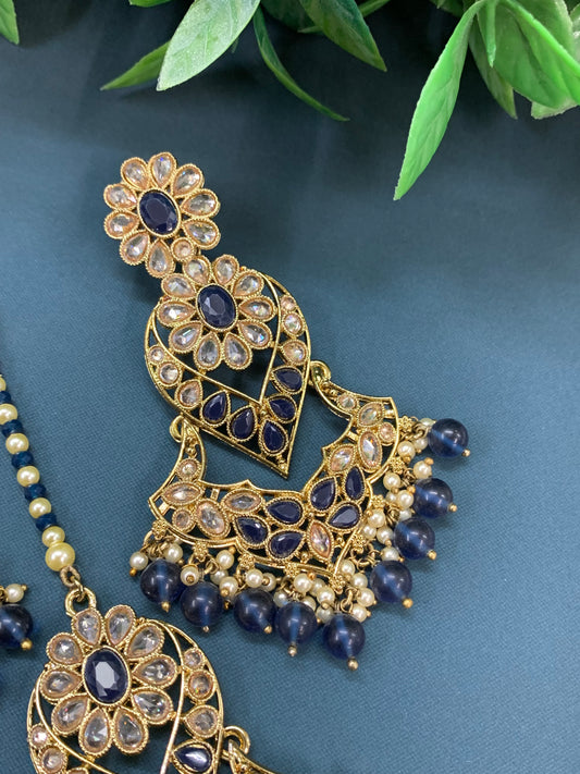 Max tikka set polki earring tikka antique gold / pearl /navy blue/royal blue