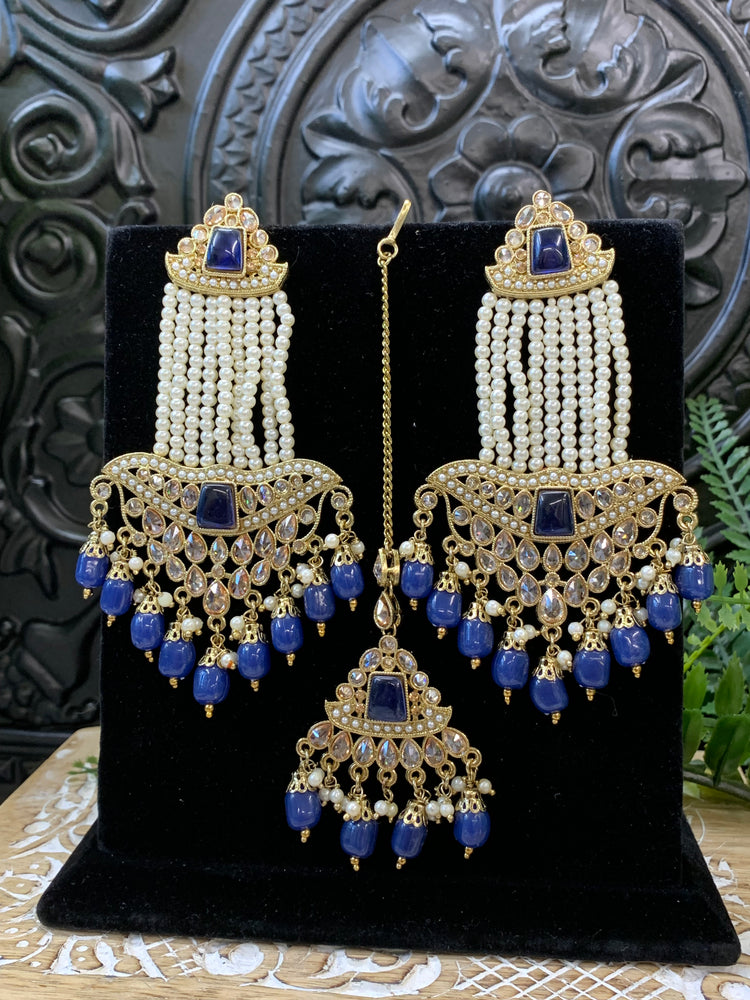 Toma polki earring jhumar style with matching tikka navy blue