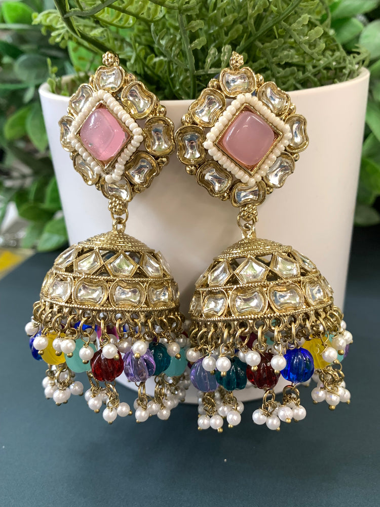 Gauri kundan jhumki/ jhumka earring pastel pink / multi