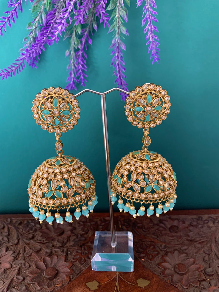 Rashi polki statement jhumki earring antique polki/ white pearl /sky blue / light blue