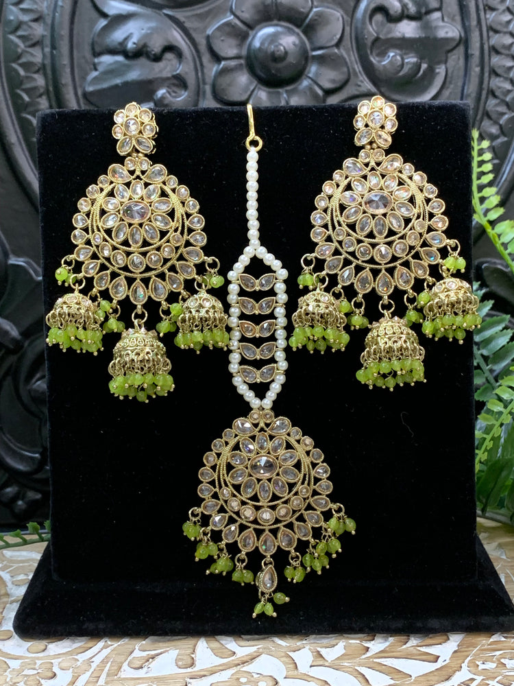 Kiana polki triple jhumki Chandbali style earring with matching tikka parrot green