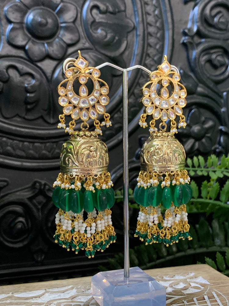 Bella moissanite kundan jhumki earring emerald green