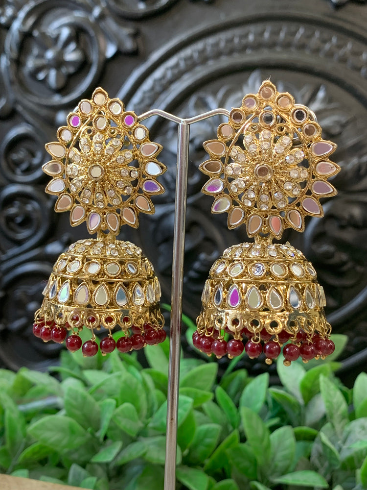 Dana mirror jhumki tikka antique gold and maroon / burgundy