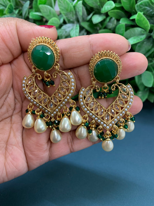 Dona Monalisa polki Chandbali Earring emerald green