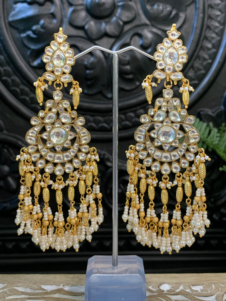 Pachi kundan statement long earring in gold and pearl